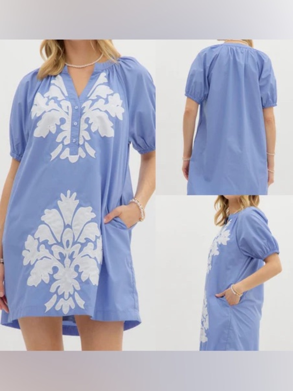 entro Light Blue Mini Dress with White Embroidered Motifs